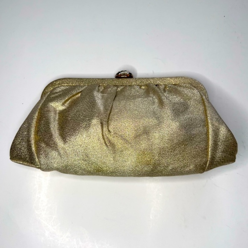 Shimmery Gold Evening Bag Purse Clutch with Rhinestone Clasp & Gold Chain Handle